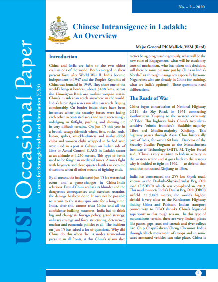 Chinese Intransigence in Ladakh: An Overview (Vol No 2  2020)